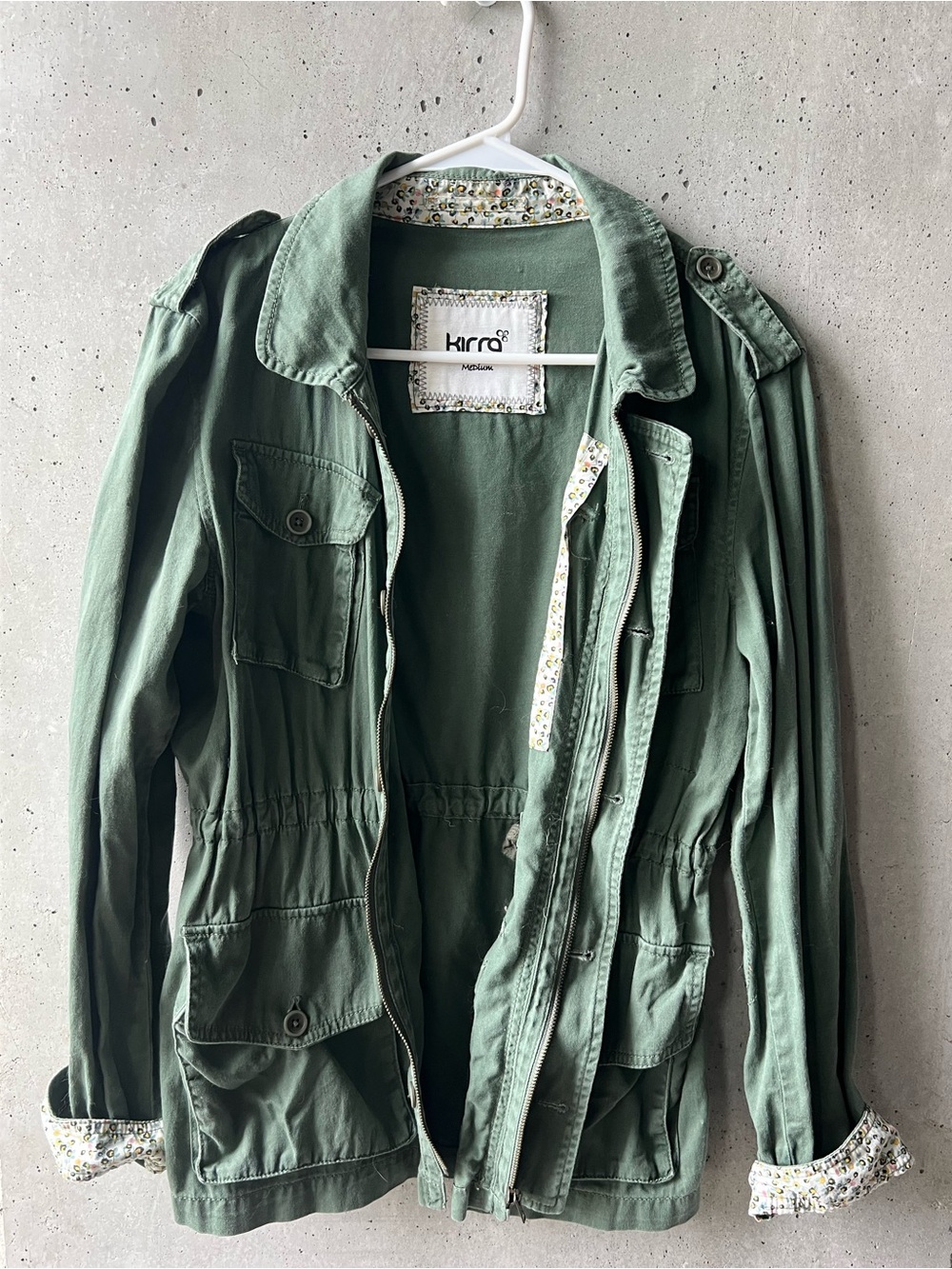 Kirra Olive Green Utility Jacket with Floral Trim